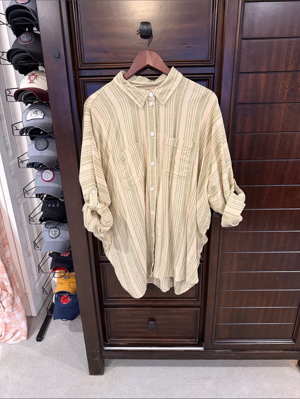 American Eagle Outfitters Striped Button-Down Shirt in Beige and Olive